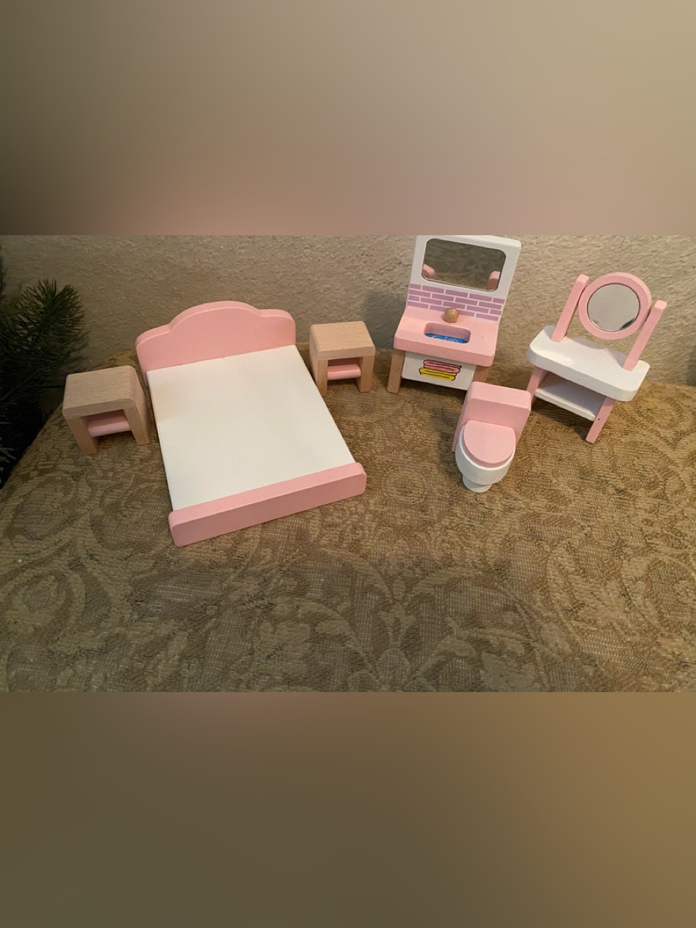 Wooden Dollhouse Furniture Set with Pink and white Accents Kids Kraft